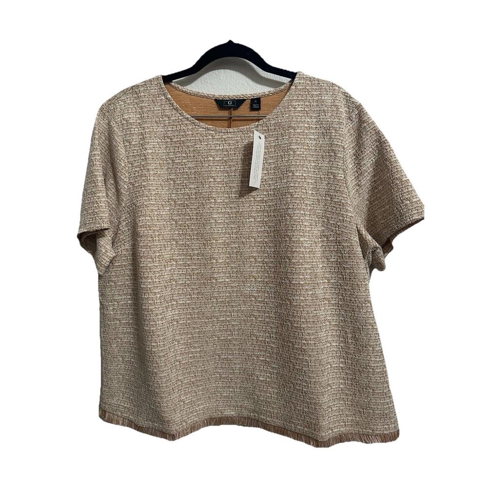 G by Giuliana Black Label Women’s Cream Copper Weave Top Short Sleve Fringe XL 2